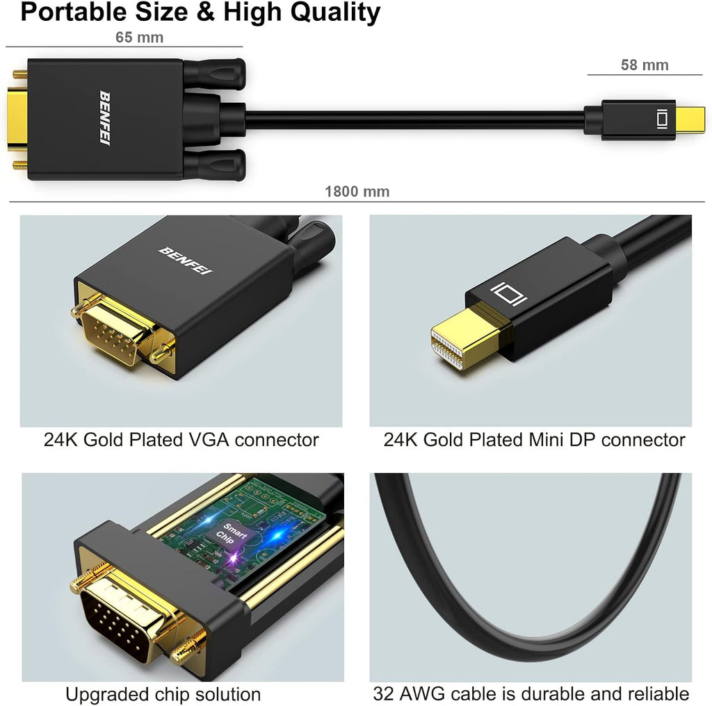 Mini Displayport to VGA Cable, 1.8M Thunderbolt to VGA Gold-Plated Cord Compatible for Macbook Air 2010-2017, Macbook Pro 2010-2015,Mac Mini 2010-2014, Surface Pro 1/2/3/4