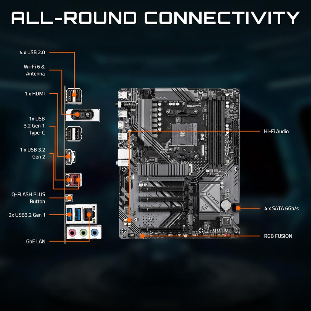 GIGABYTE B550 Eagle WIFI6 AMD AM4 ATX Motherboard, Supports Ryzen 5000/4000/3000 Processors, DDR4, 10+3 Power Phase, 2X M.2, Pcie 4.0, USB-C, WIFI6, Gbe LAN, Pcie Ez-Latch, Ez-Latch, RGB Fusion
