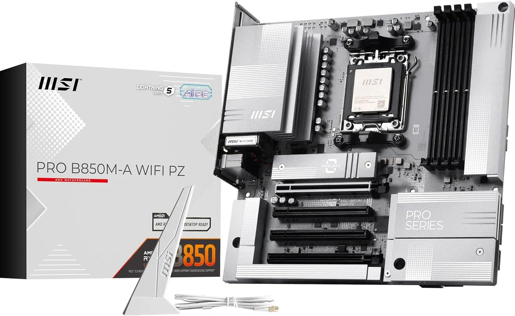 MSI PRO B850M-A Wifi PZ Motherboard, Back-Connect Matx - Supports AMD Ryzen 9000/8000 / 7000 Processors, AM5 - DDR5 Memory Boost (8200+ Mt/S OC), Pcie 5.0 X16 & 4.0 X4, M.2 Gen5, Wi-Fi 7, 5G LAN