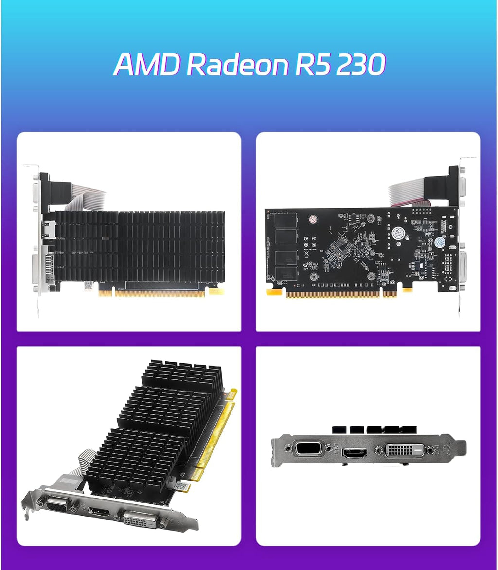 AMD Radeon R5 230 2GB DDR3 Low Profile Graphics Card,Vga/Dvi/Hdmi Port | 64-Bit 160SP Pcie X16 1.1 GPU, Passive Cooling SFF Half-Height Video Card, Supports Windows 10/8.1/7