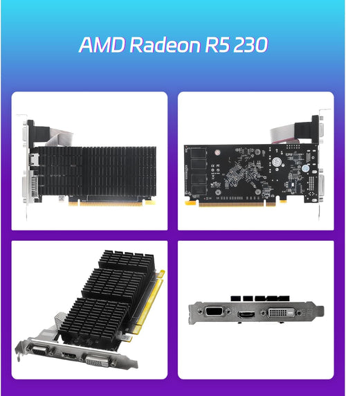 AMD Radeon R5 230 2GB DDR3 Low Profile Graphics Card,Vga/Dvi/Hdmi Port | 64-Bit 160SP Pcie X16 1.1 GPU, Passive Cooling SFF Half-Height Video Card, Supports Windows 10/8.1/7