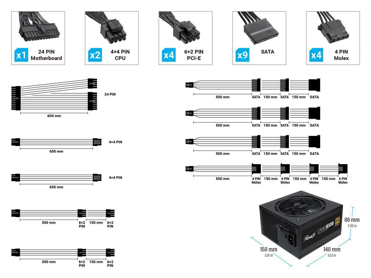 Rosewill CMG Series, CMG850, 850W Fully Modular Power Supply, 80 plus GOLD Certi
