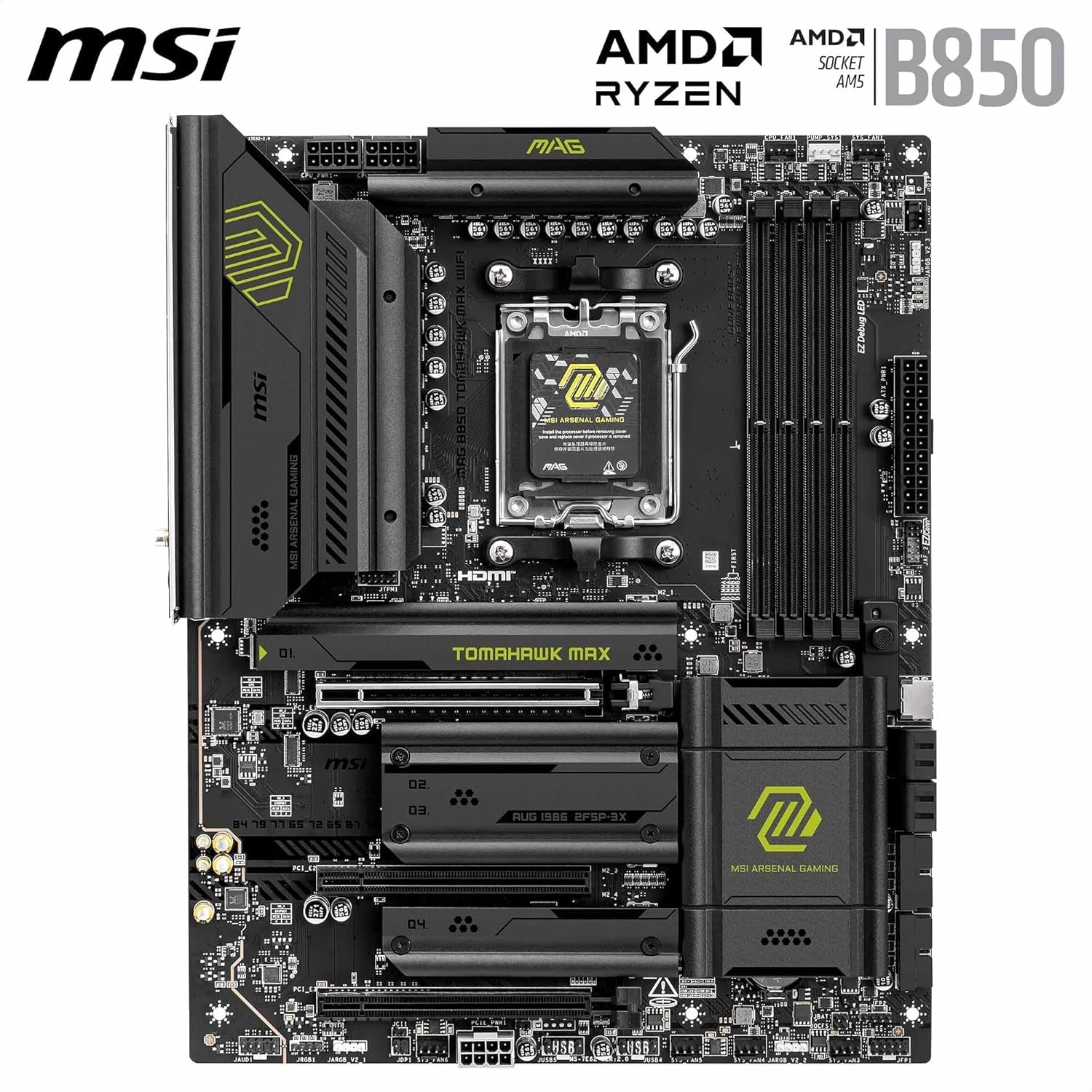 MSI MAG B850 Tomahawk MAX Wifi V1 Motherboard, ATX - Supports AMD Ryzen 9000/8000 / 7000 Processors, AM5-80A SPS VRM, DDR5 Memory Boost 8400+ Mt/S (OC), Pcie 5.0 X16, M.2 Gen5, Wi-Fi 7, 5G LAN
