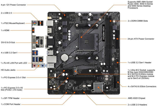 A520M-HDV Supports AMD AM4 Socket Ryzen™ 3000, 4000 G-Series and 5000 and 5000 G-Series Desktop Processors Motherboard, 32 GB Memory Storage