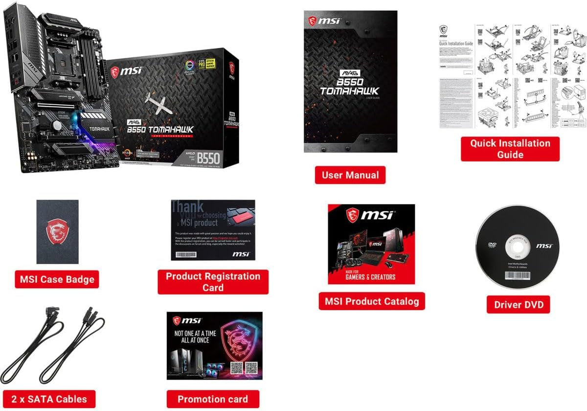 MSI MAG B550 Tomahawk Gaming Motherboard (AMD Ryzen 5000 Series, AM4, DDR4, Pcie 4.0, SATA 6Gb/S, M.2, USB 3.2 Gen 2, HDMI/DP, 2.5Gbps LAN, ATX)