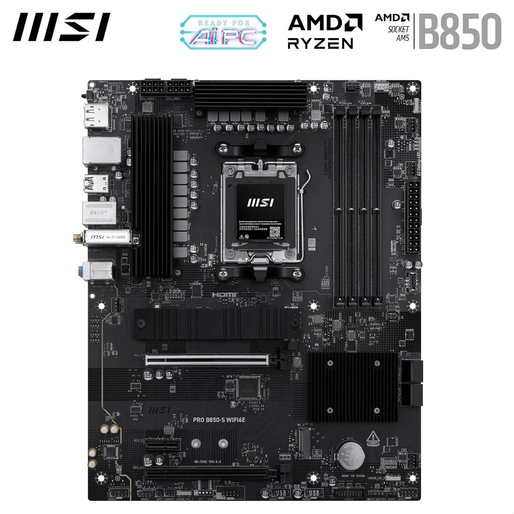 MSI PRO B850-S WIFI6E Motherboard, ATX - Supports AMD Ryzen 9000/8000 / 7000 Processors, AM5 - DDR5 Memory Boost (8200+ Mt/S OC), Pcie 4.0 X16, M.2 Gen5, Wi-Fi 6E, 2.5G LAN