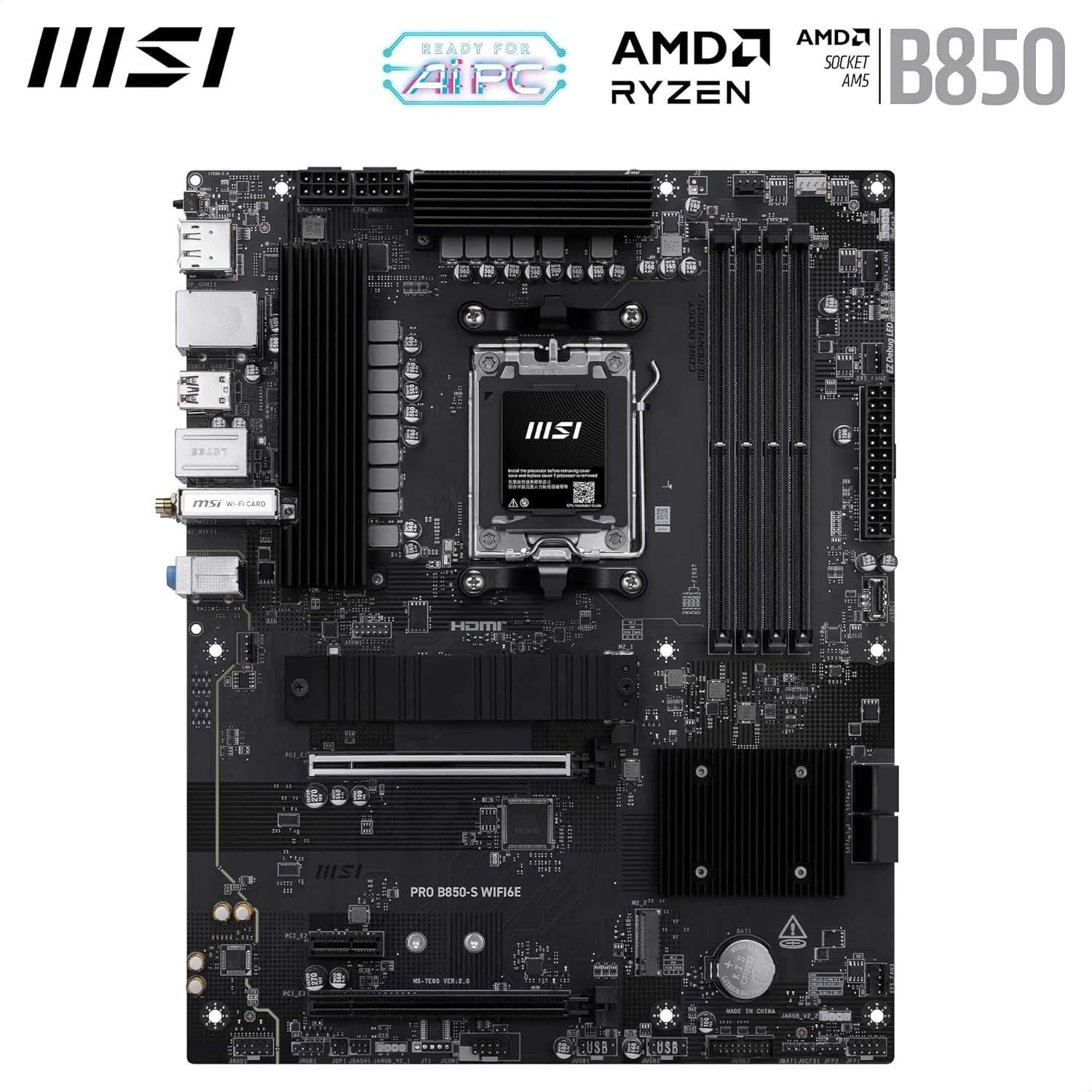 MSI PRO B850-S WIFI6E Motherboard, ATX - Supports AMD Ryzen 9000/8000 / 7000 Processors, AM5 - DDR5 Memory Boost (8200+ Mt/S OC), Pcie 4.0 X16, M.2 Gen5, Wi-Fi 6E, 2.5G LAN