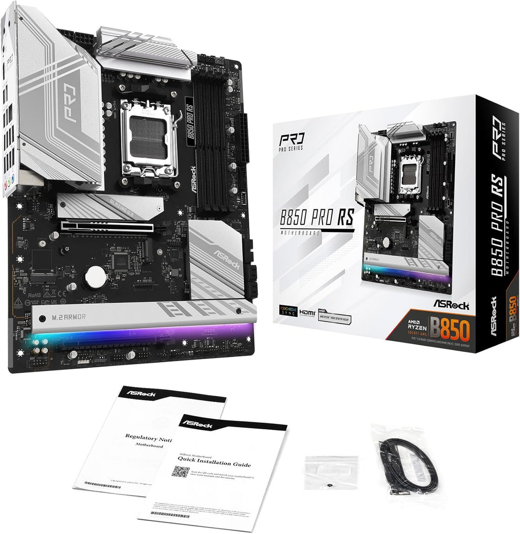 AMD AM5 B850 Pro RS Motherboard, AMD Ryzen 9000/8000/7000 Series, 4X DDR5 Slots up to 8000Mhz, 24-Pin Power Connection, ATX, 21X USB Ports, Pcie 5.0