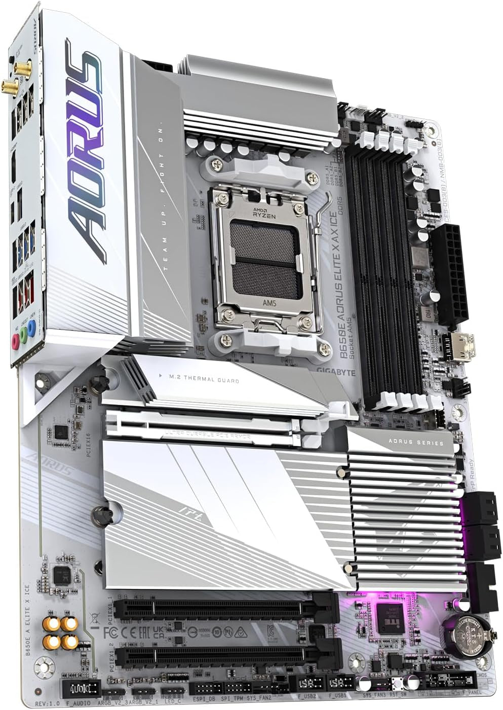 GIGABYTE B650E AORUS Elite X AX ICE AMD AM5 ATX Motherboard, Support Ryzen 9000/8000/7000 Series, DDR5, 12+2+2 Power Phase, 3X M.2, Pcie 5.0, USB-C, WIFI6E, 2.5Gbe, Ez-Latch, Q-Flash, RGB Fusion