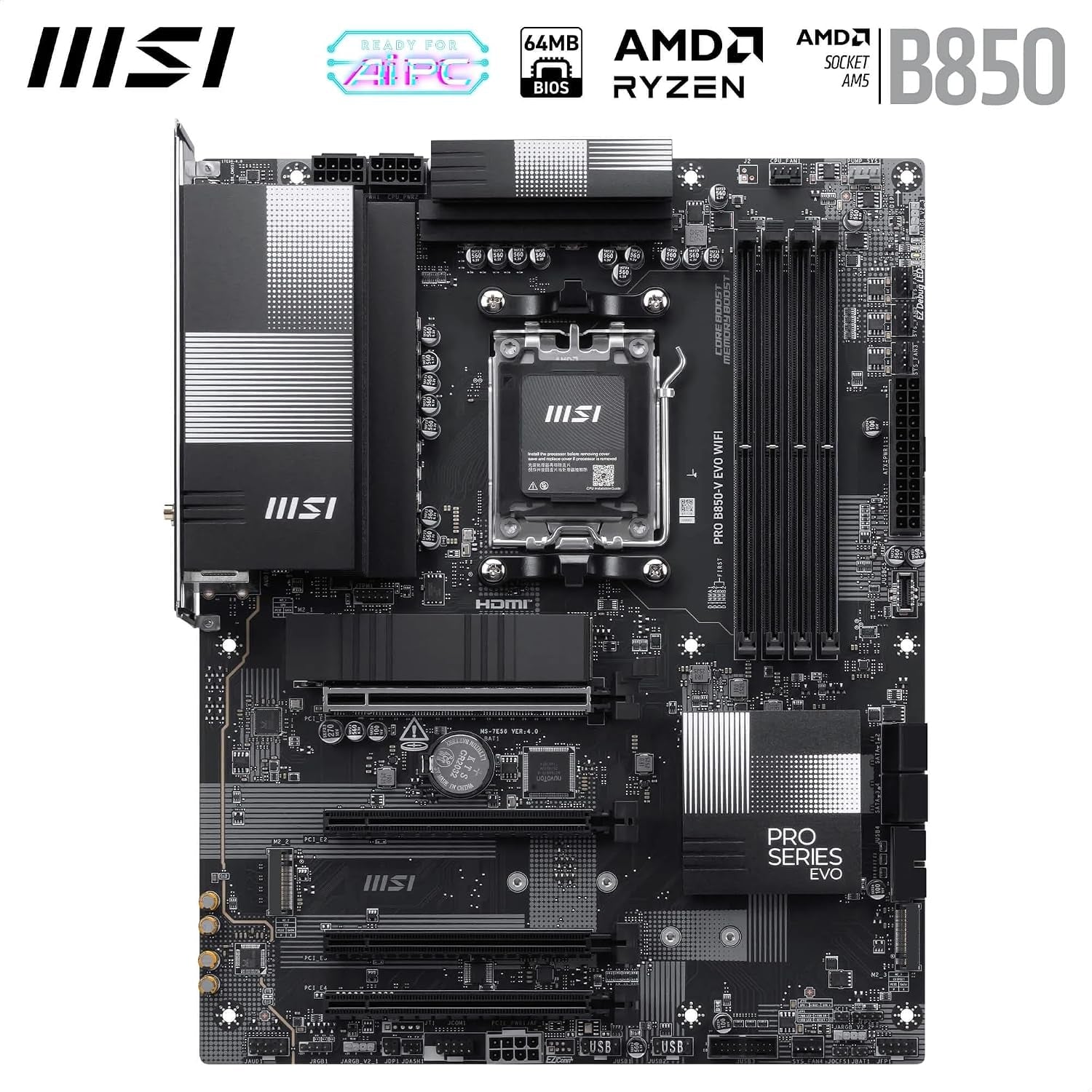 MSI PRO B850-V EVO Wifi Motherboard, ATX - Supports AMD Ryzen 9000/8000 / 7000 Processors, AM5 - DDR5 Memory Boost (Up to 8200+ Mt/S OC), Pcie 5.0 X16, M.2 Gen5, Wi-Fi 7, 5G LAN