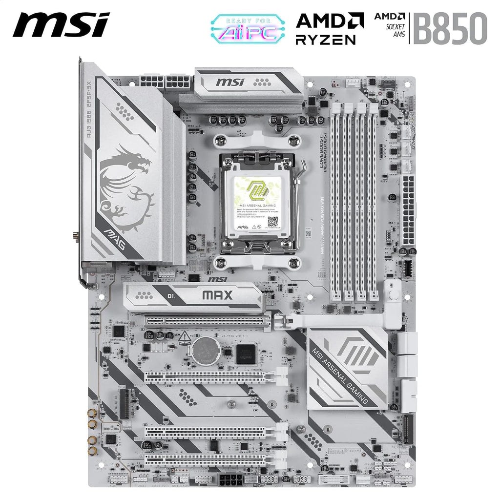 MSI MAG B850 Gaming plus MAX Wifi Motherboard, ATX - Supports AMD Ryzen 9000/8000 / 7000 Processors, AM5, DDR5 Memory Boost (Up to 8200+ Mt/S OC), Pcie 5.0 X16, M.2 Gen5, Wi-Fi 7, 5G LAN