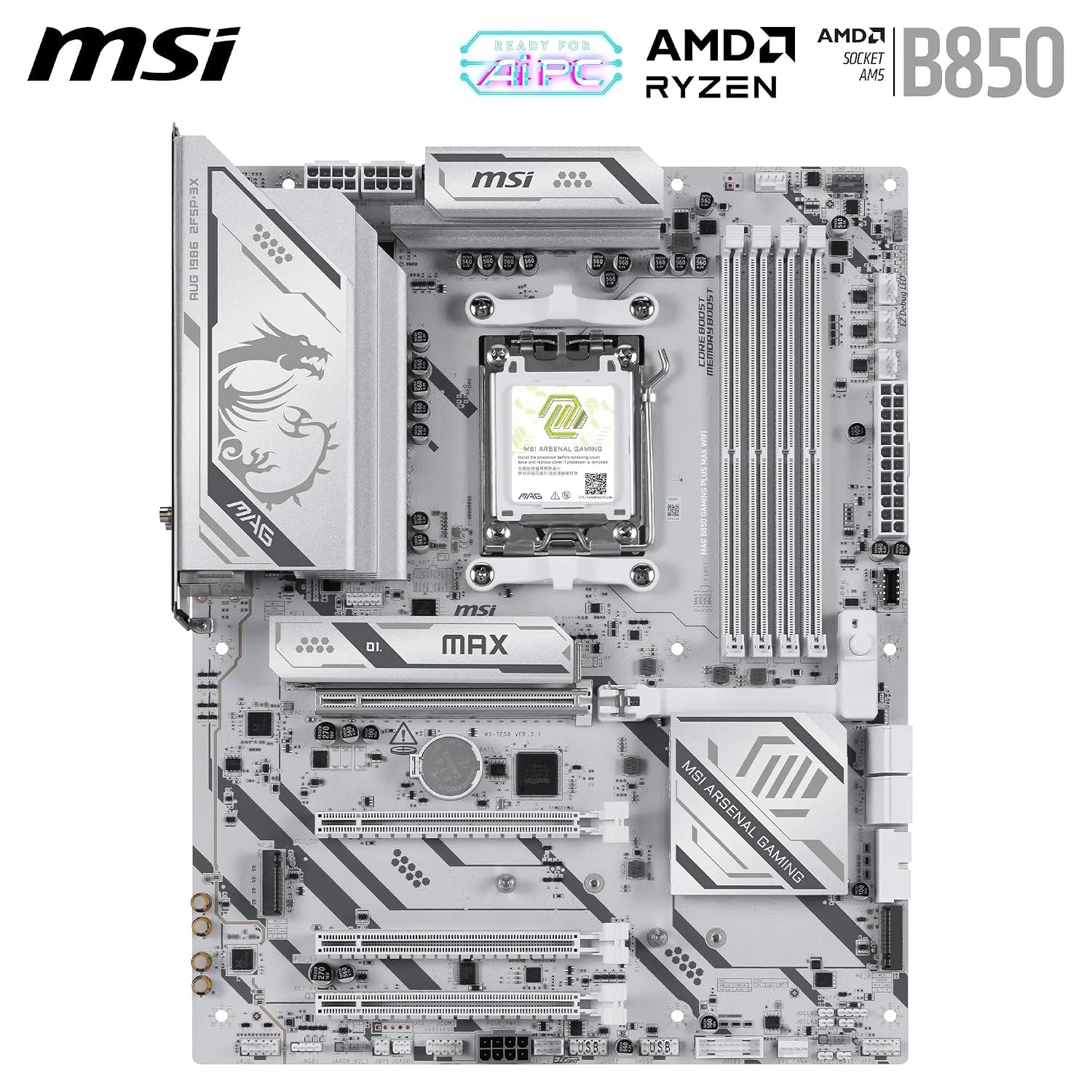 MSI MAG B850 Gaming plus MAX Wifi Motherboard, ATX - Supports AMD Ryzen 9000/8000 / 7000 Processors, AM5, DDR5 Memory Boost (Up to 8200+ Mt/S OC), Pcie 5.0 X16, M.2 Gen5, Wi-Fi 7, 5G LAN