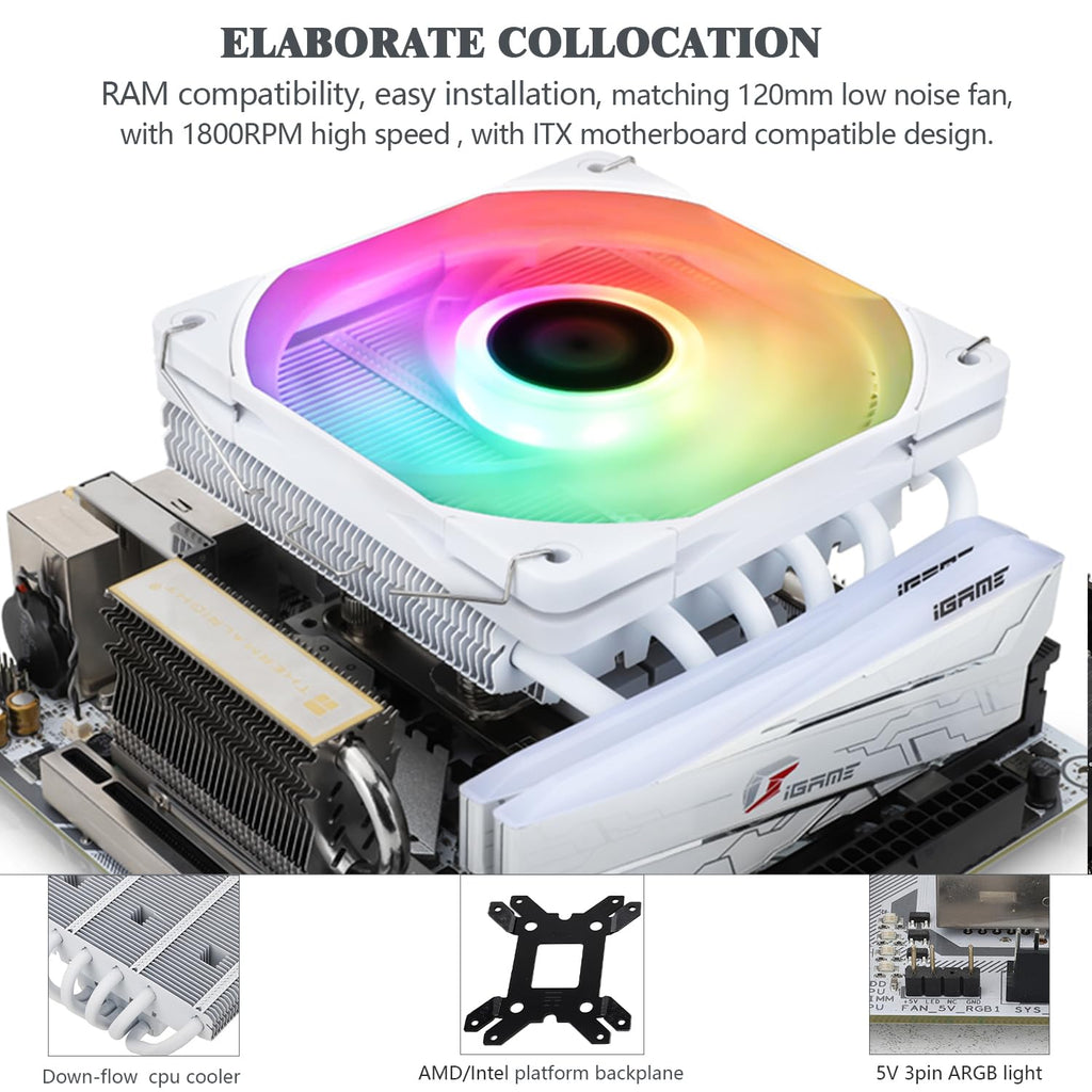 AXP120-X67 White ARGB Low Profile CPU Air Cooler with Quite TL-C12015W-S PWM Fan, 6 Heat Pipes, 67Mm Height, for AM4/ Am5/Intel LGA 1700/1851/115X/1200/2011,5V ARGB LED CPU Cooler,1800Rpm