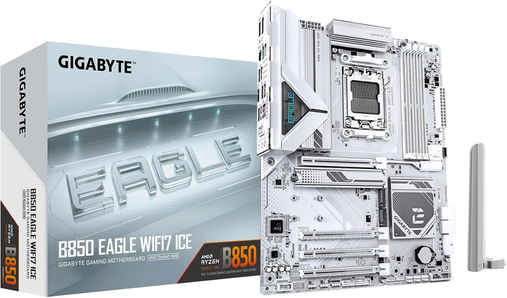 GIGABYTE B850 Eagle WIFI7 ICE AMD AM5 ATX Motherboard, Support AMD Ryzen 9000/8000/7000 Series, DDR5, 8+2+2 Power Phase, 3X M.2, Pcie 5.0, USB-C, WIFI7, 2.5Gbe LAN, Ez-Latch, 3-Year Warranty