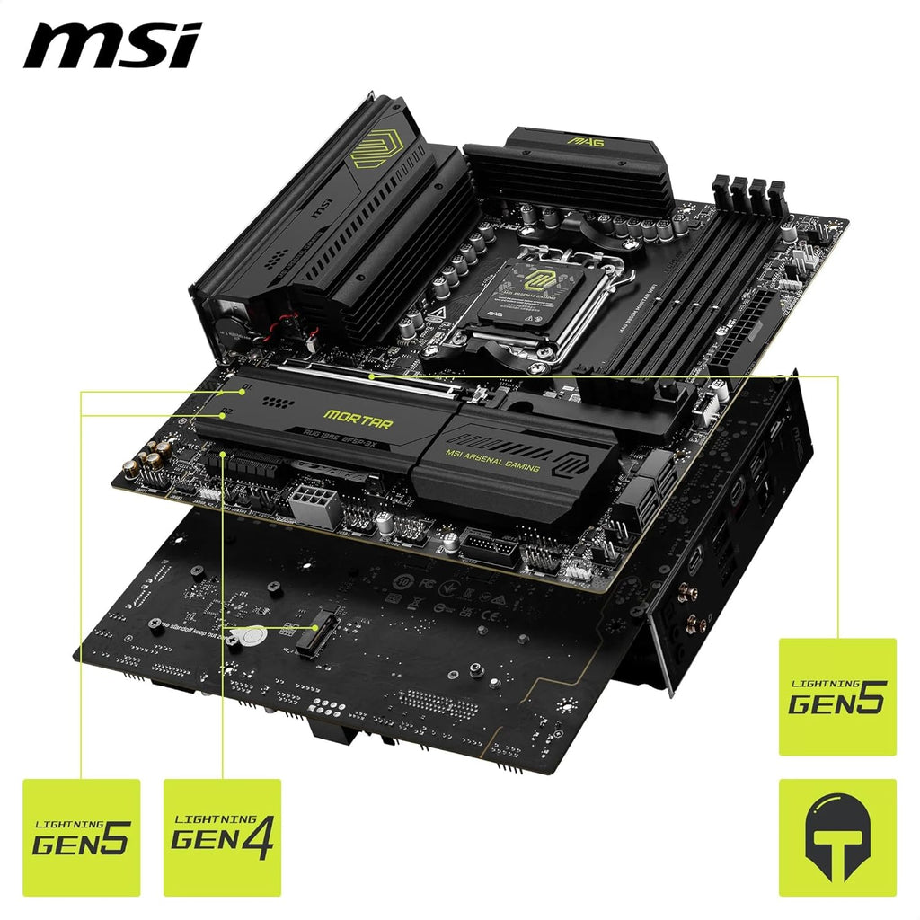 MSI MAG B850M Mortar Wifi Motherboard, Matx - Supports AMD Ryzen 9000/8000 / 7000 Processors, AM5-60A SPS VRM, DDR5 Memory Boost 8200+ Mt/S (OC), Pcie 5.0 X16, M.2 Gen5, Wi-Fi 7, 5G LAN