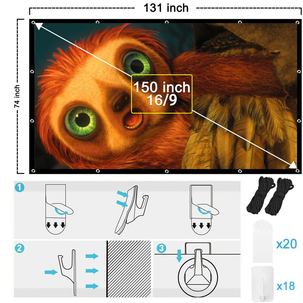 Vabogu Projector Screen 150 Inch, 4K Movie Projector Screen 16:9 HD Foldable and Portable Anti-Crease