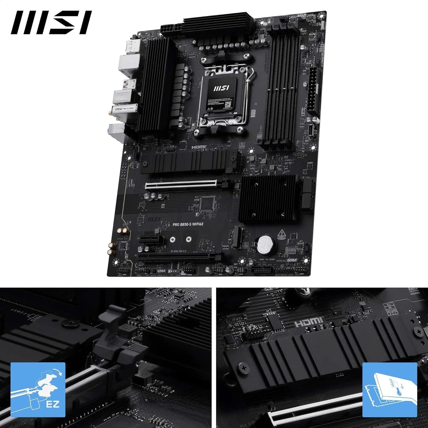 MSI PRO B850-S WIFI6E Motherboard, ATX - Supports AMD Ryzen 9000/8000 / 7000 Processors, AM5 - DDR5 Memory Boost (8200+ Mt/S OC), Pcie 4.0 X16, M.2 Gen5, Wi-Fi 6E, 2.5G LAN