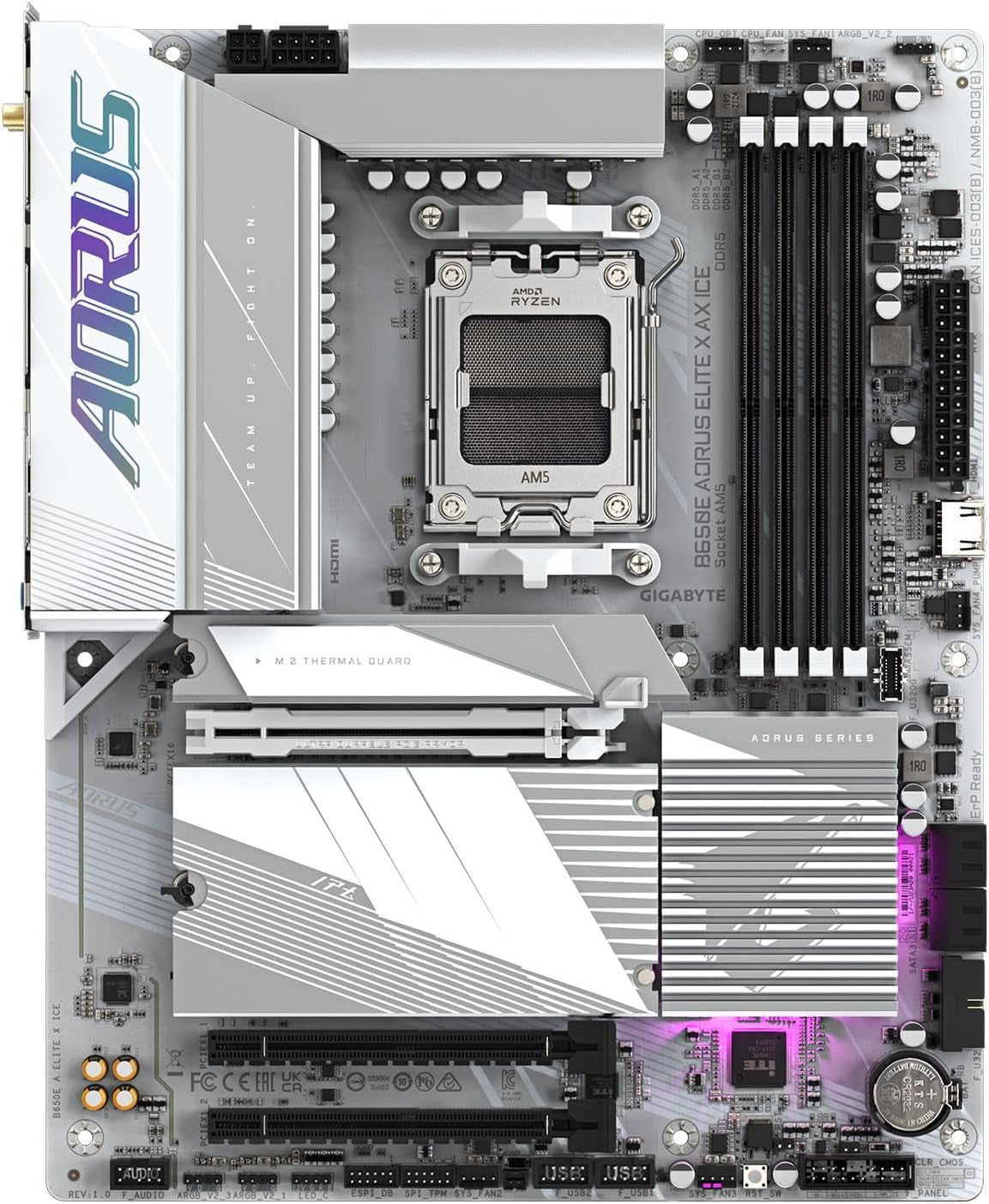 GIGABYTE B650E AORUS Elite X AX ICE AMD AM5 ATX Motherboard, Support Ryzen 9000/8000/7000 Series, DDR5, 12+2+2 Power Phase, 3X M.2, Pcie 5.0, USB-C, WIFI6E, 2.5Gbe, Ez-Latch, Q-Flash, RGB Fusion