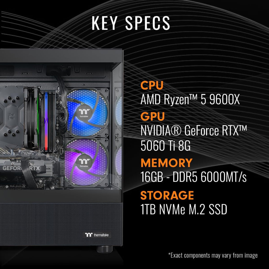 Thermaltake LCGS View 9660T-170 Gaming Desktop (AMD Ryzen™ 5 9600X, Toughram 16GB DDR5 6000Mt/S RGB Memory, NVIDIA® Geforce RTX™ 5060 Ti 8G, 1TB Nvme M.2, Wifi, Windows 11) V17B-B850-56T-LCS