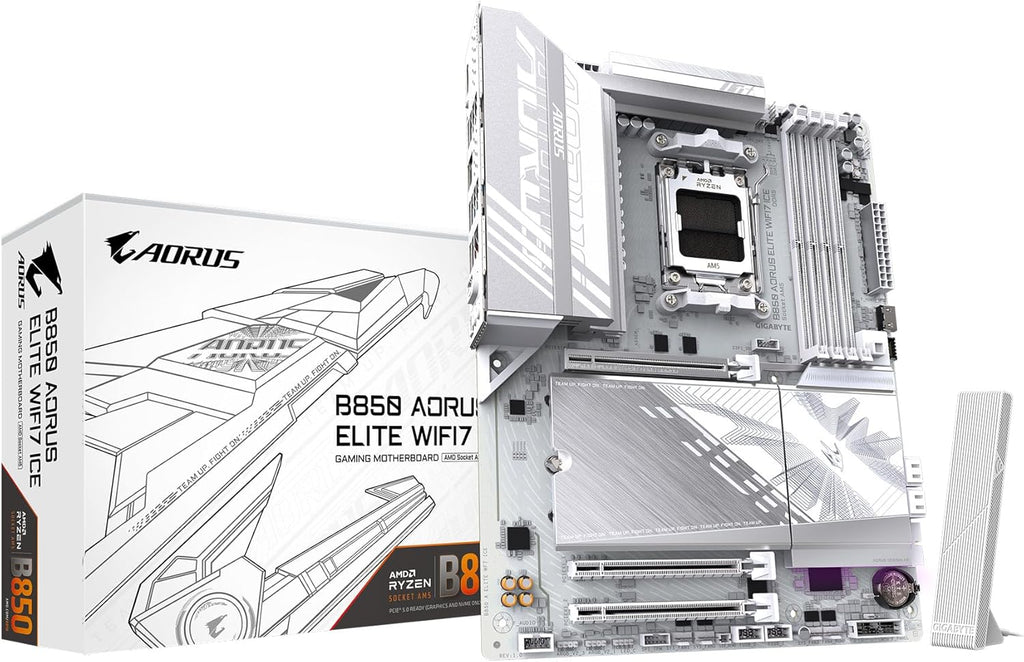 GIGABYTE B850 AORUS Elite WIFI7 ICE AMD AM5 ATX Motherboard, Support AMD Ryzen 9000/8000/7000 Series, DDR5, 14+2+2 Power Phase, 3X M.2, Pcie 5.0, USB-C, WIFI7, 2.5Gbe LAN, Ez-Latch, 5-Year Warranty