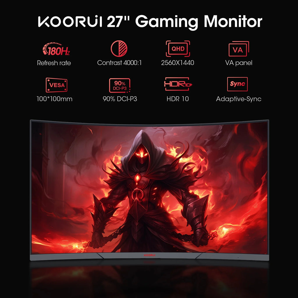 KOORUI 27 Inch 1440P Curved Gaming Monitor, 180Hz QHD Computer Monitor, 1Ms Adaptive-Sync, Hdmi/Displayport, 27E6QCA