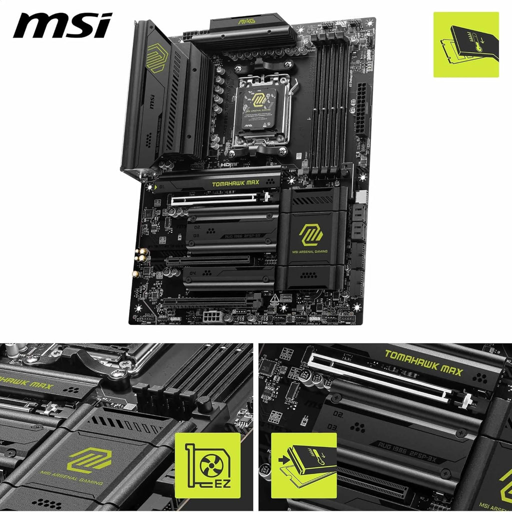 MSI MAG B850 Tomahawk MAX Wifi Motherboard, ATX - Supports AMD Ryzen 9000/8000 / 7000 Processors, AM5-80A SPS VRM, DDR5 Memory Boost 8400+ Mt/S (OC), Pcie 5.0 X16, M.2 Gen5, Wi-Fi 7, 5G LAN