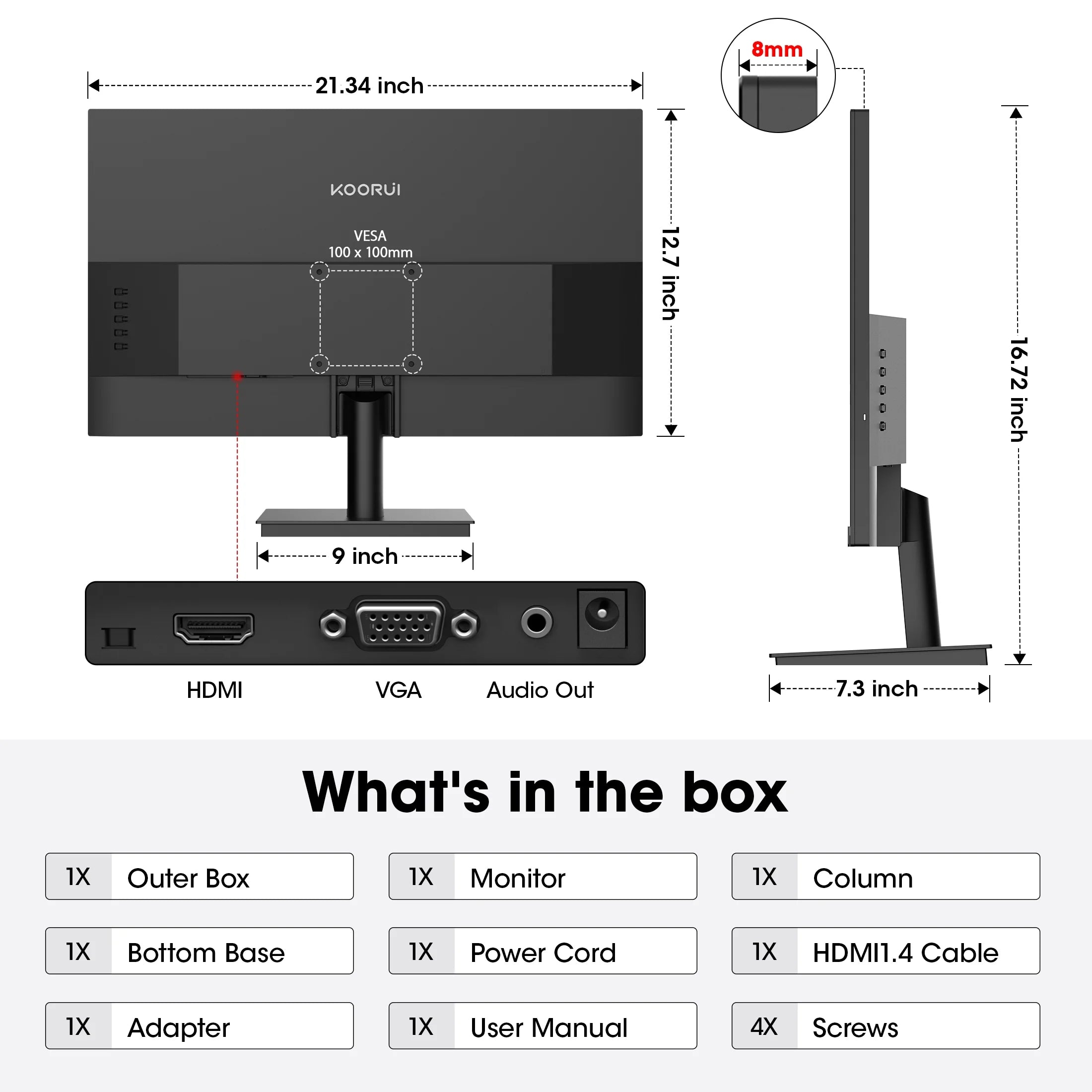 KOORUI 24'' FHD 1920×1080P Computer Monitor, 100Hz PC Monitor, HDMI&VGA VESA, E2412F