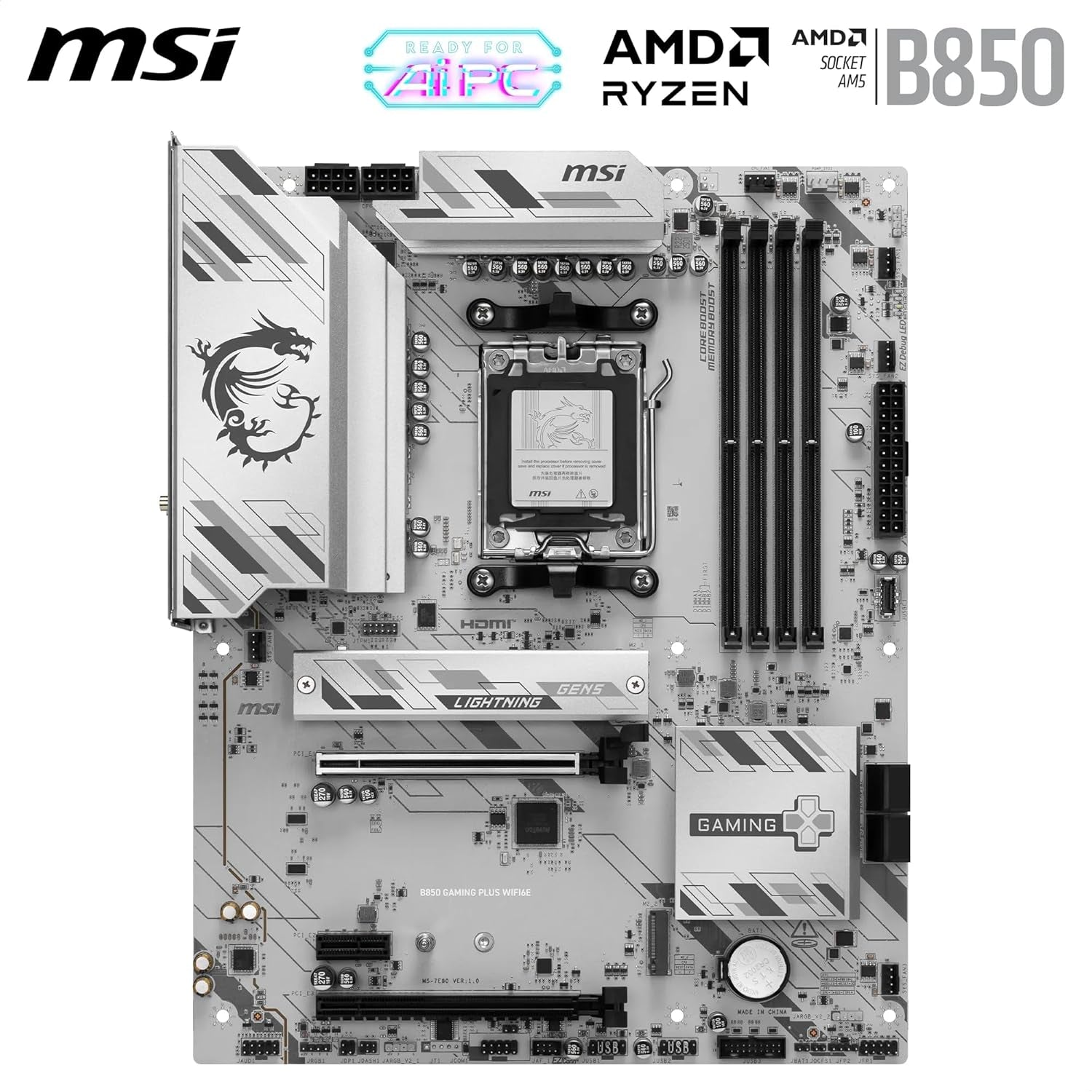 MSI B850 Gaming plus WIFI6E Motherboard, ATX - Supports AMD Ryzen 9000/8000 / 7000 Processors, AM5 - DDR5 Memory Boost 8200+ Mt/S (OC), Pcie 4.0 X16, M.2 Gen5, Wi-Fi 6E, 2.5G LAN