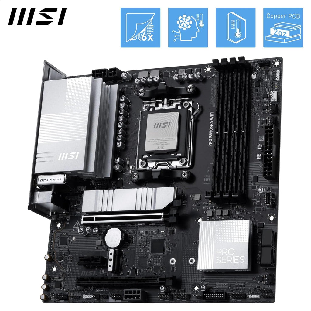 MSI PRO B850M-A Wifi Motherboard, Matx - Supports AMD Ryzen 9000/8000 / 7000 Processors, AM5 - DDR5 Memory Boost (8200+ Mt/S OC), Pcie 5.0 X16 & 4.0 X4, M.2 Gen5, Wi-Fi 7, 5G LAN
