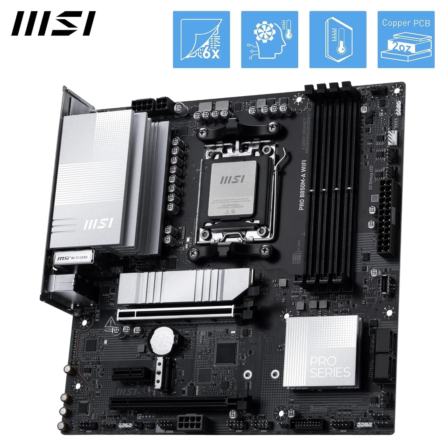 MSI PRO B850M-A Wifi Motherboard, Matx - Supports AMD Ryzen 9000/8000 / 7000 Processors, AM5 - DDR5 Memory Boost (8200+ Mt/S OC), Pcie 5.0 X16 & 4.0 X4, M.2 Gen5, Wi-Fi 7, 5G LAN