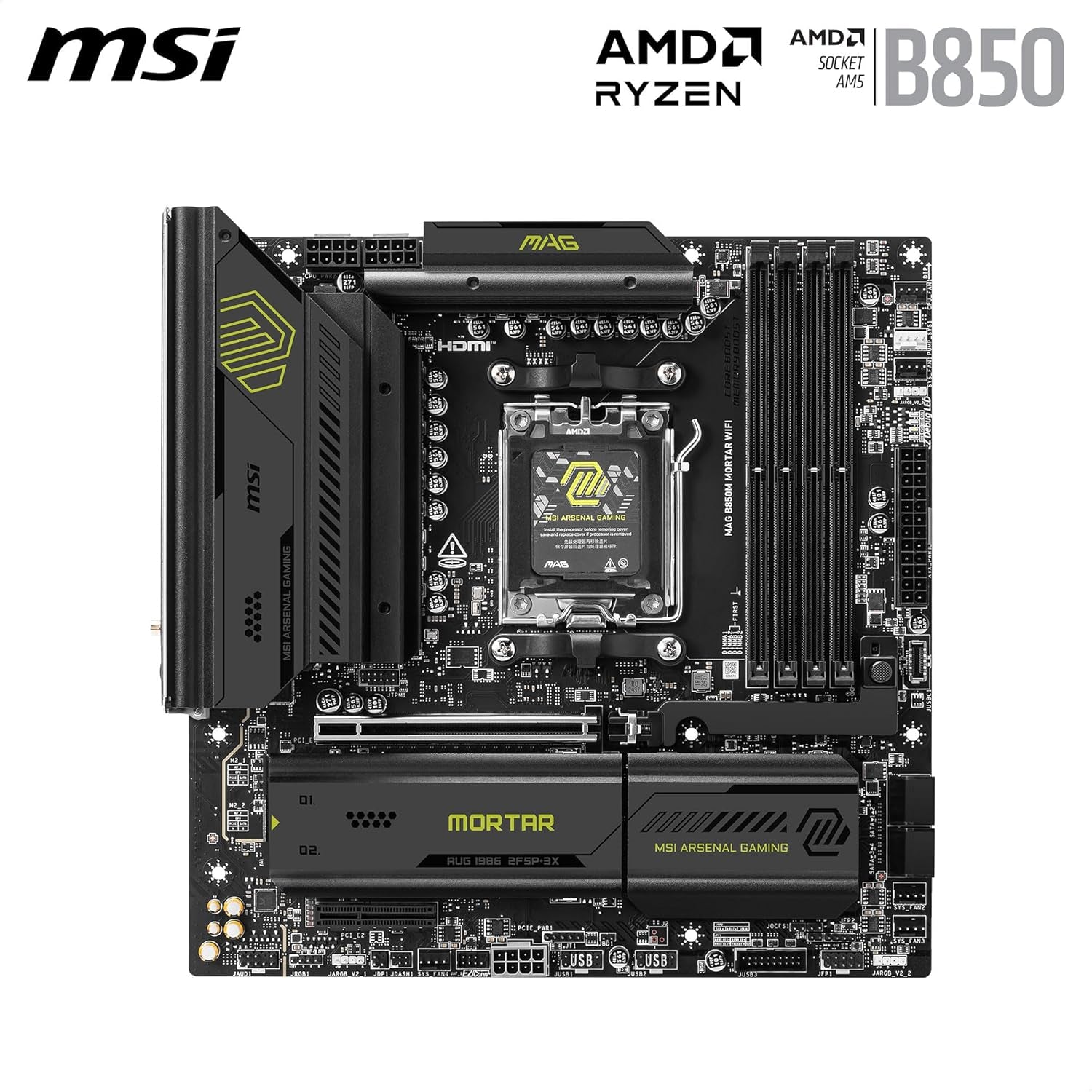 MSI MAG B850M Mortar Wifi Motherboard, Matx - Supports AMD Ryzen 9000/8000 / 7000 Processors, AM5-60A SPS VRM, DDR5 Memory Boost 8200+ Mt/S (OC), Pcie 5.0 X16, M.2 Gen5, Wi-Fi 7, 5G LAN