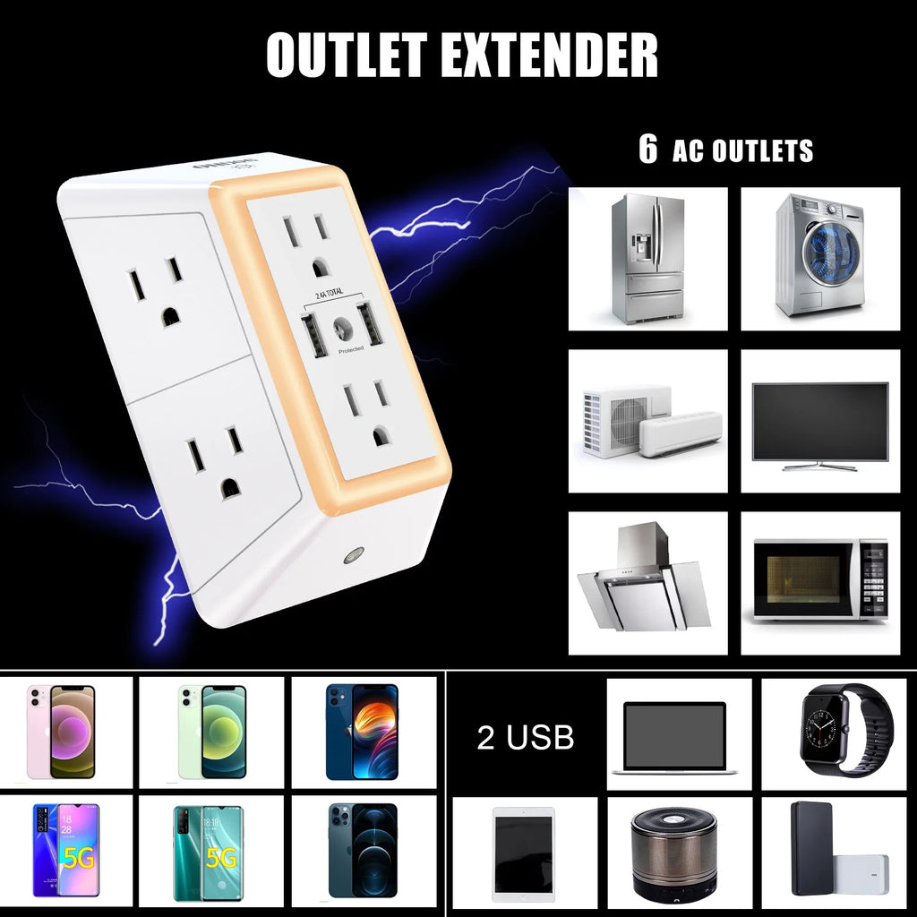 ONDOG 3 Sided Outlet Extender 6 Outlets with 2 USB Ports, Multi Plug Outlet Splitter for Home, Office