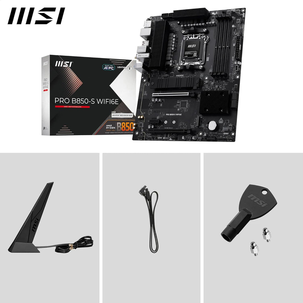 MSI PRO B850-S WIFI6E Motherboard, ATX - Supports AMD Ryzen 9000/8000 / 7000 Processors, AM5 - DDR5 Memory Boost (8200+ Mt/S OC), Pcie 4.0 X16, M.2 Gen5, Wi-Fi 6E, 2.5G LAN