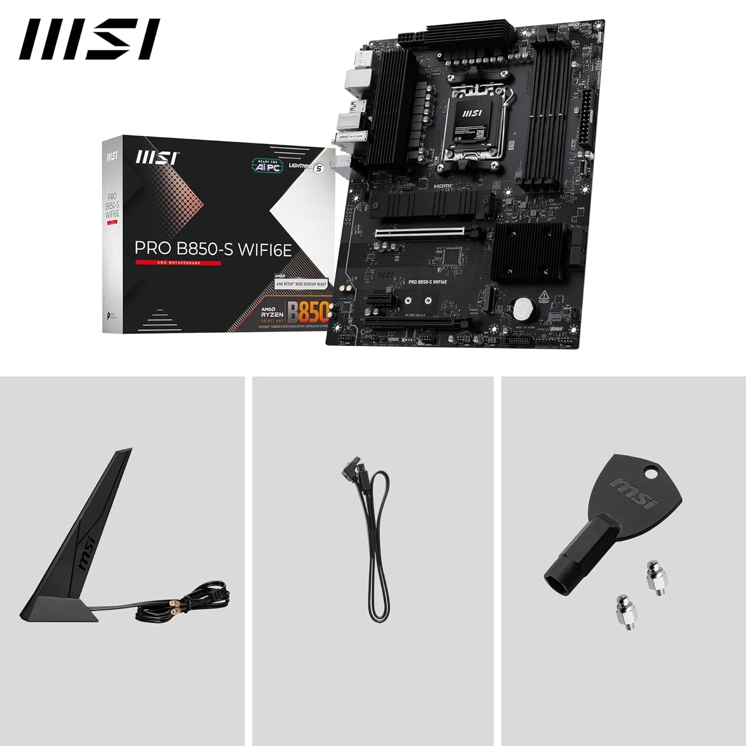MSI PRO B850-S WIFI6E Motherboard, ATX - Supports AMD Ryzen 9000/8000 / 7000 Processors, AM5 - DDR5 Memory Boost (8200+ Mt/S OC), Pcie 4.0 X16, M.2 Gen5, Wi-Fi 6E, 2.5G LAN
