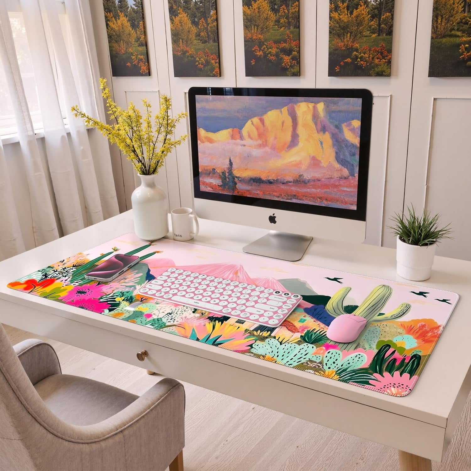 Desk Mat,Cute Mouse Pad for Desk,35"X16",Home Office, Cactus | Waterproof Desk Pad with Non-Slip Rubber Base and Stitched Edges, Extended Keyboard Mousepad for Computer, Home Workspace
