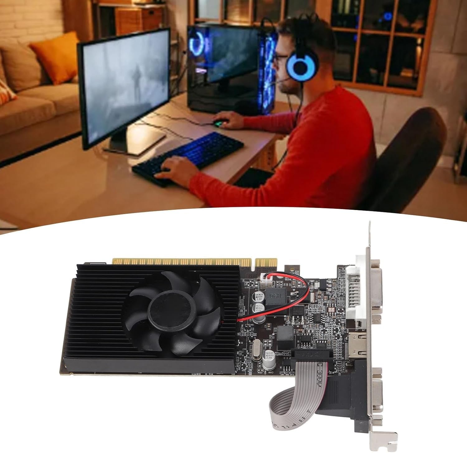 Graphics Card, GT610 1GB 64Bit DDR3 Video Card, PCIE 2.0 VGA DVI Graphics Card with Cooling Fan for Desktop Computer