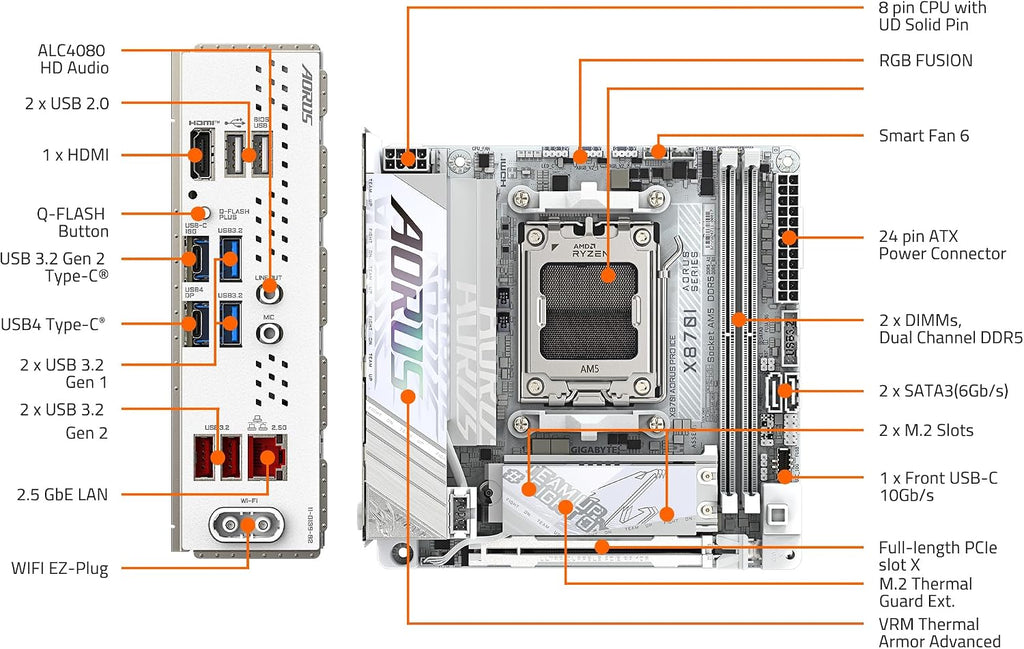 GIGABYTE X870I AORUS PRO ICE AMD AM5 LGA 1718 Motherboard, Mini-Itx, DDR5, 2X M.2, Pcie 5.0, USB-C, WIFI7, 2.5Gbe LAN, Ez-Latch, 5-Year Warranty