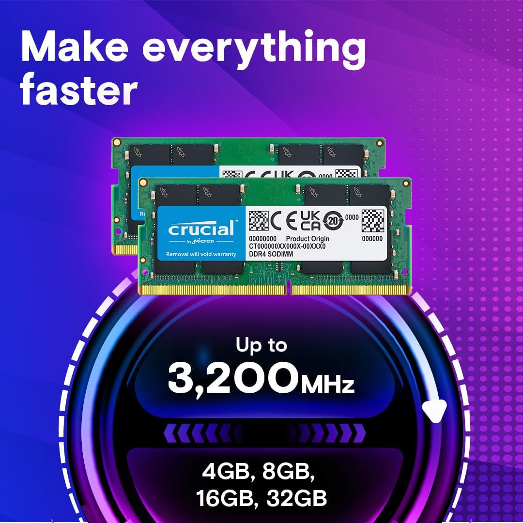 32GB DDR4 RAM Kit (2X16Gb), 3200Mhz (PC4-25600) CL22 Laptop Memory, SODIMM 260-Pin, Downclockable to 2933/2666Mhz, Compatible with 13Th Gen Intel Core and AMD Ryzen 7000 - CT2K16G4SFRA32A