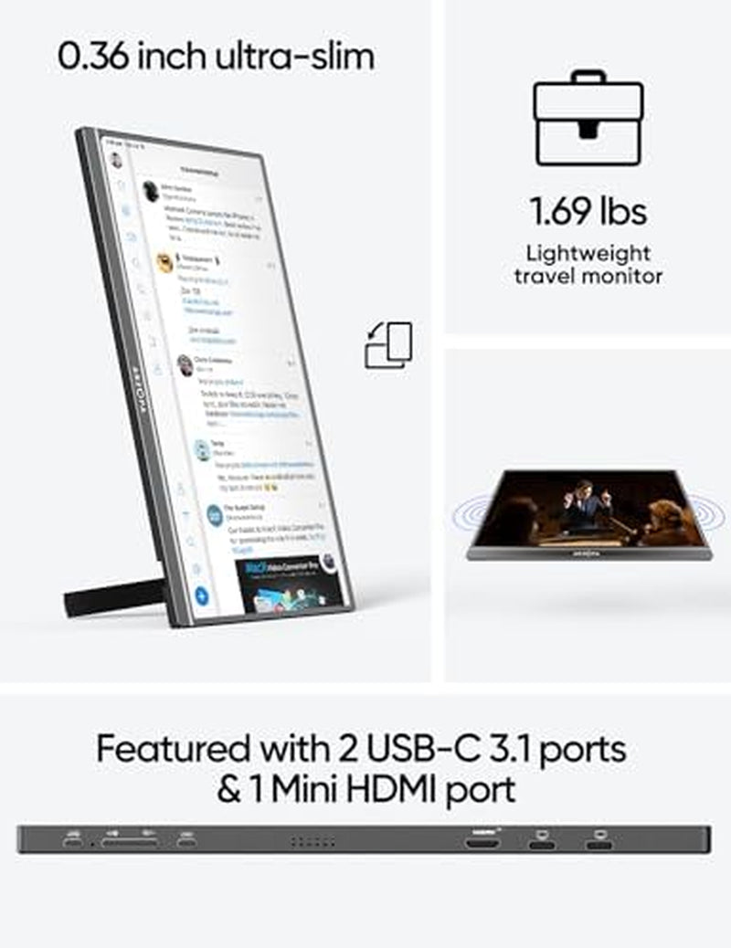 Portable Monitor & Sleeve, 16.1'' 100% Srgb FHD Laptop Monitor & PU Sleeve Bag Combination