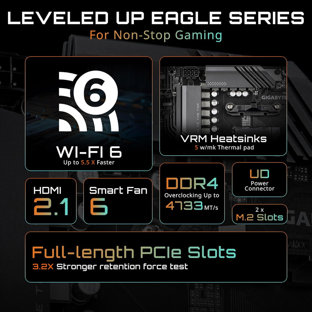 GIGABYTE B550 Eagle WIFI6 AMD AM4 ATX Motherboard, Supports Ryzen 5000/4000/3000 Processors, DDR4, 10+3 Power Phase, 2X M.2, Pcie 4.0, USB-C, WIFI6, Gbe LAN, Pcie Ez-Latch, Ez-Latch, RGB Fusion