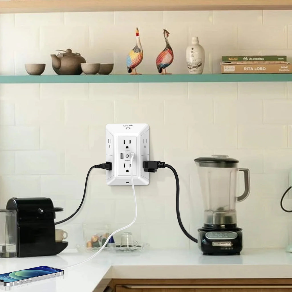 ONDOG 3 Sided Outlet Extender 6 Outlets with 2 USB Ports, Multi Plug Outlet Splitter for Home, Office