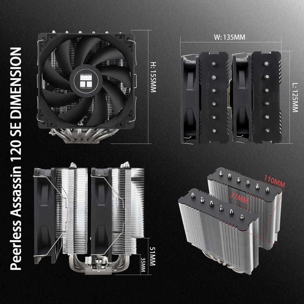 Peerless Assassin 120 SE CPU Air Cooler, 6 Heat Pipes, Dual 120Mm TL-C12C PWM Fans, Aluminum Heatsink Cover, AGHP Technology, for AMD AM4 Am5/Intel LGA 1700/1150/1151/1200/1851（PA120SE）