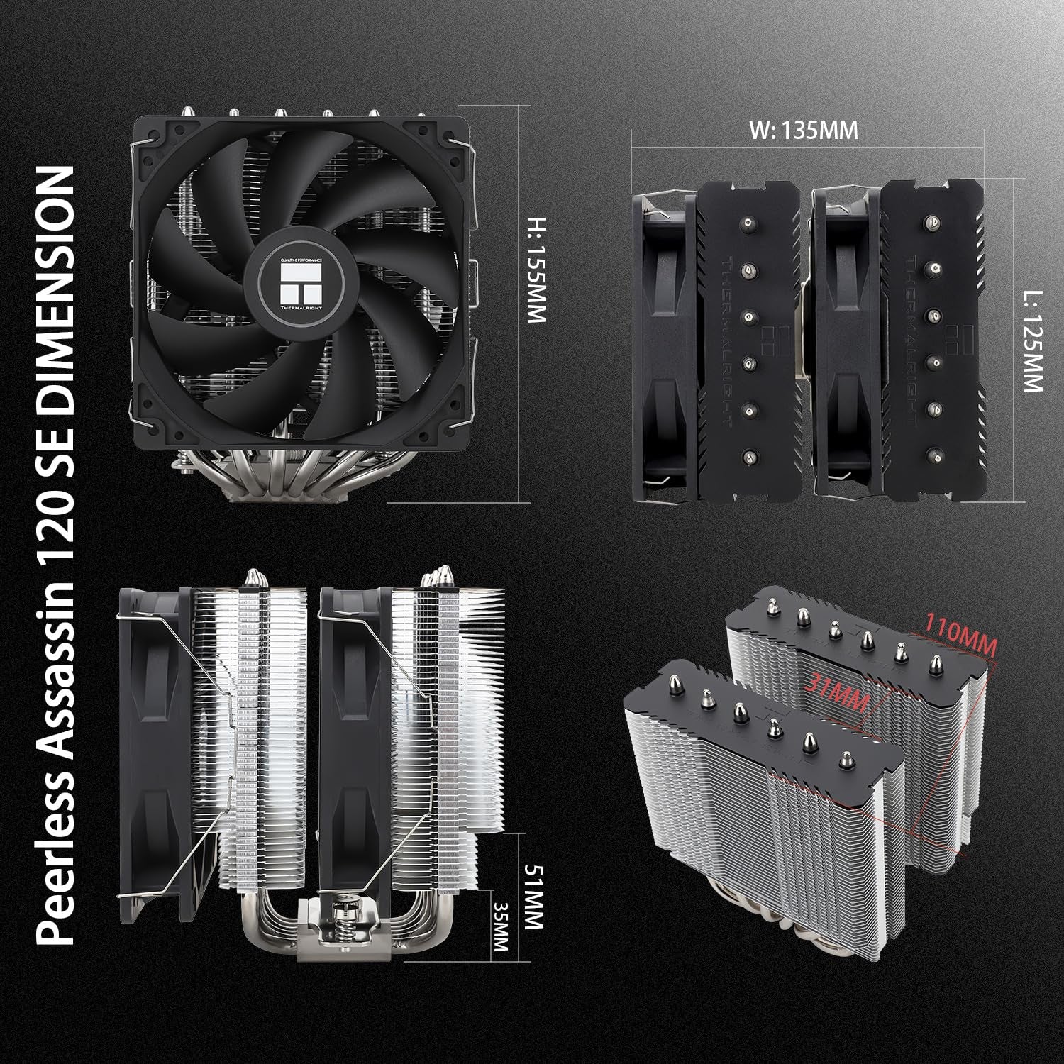 Peerless Assassin 120 SE CPU Air Cooler, 6 Heat Pipes, Dual 120Mm TL-C12C PWM Fans, Aluminum Heatsink Cover, AGHP Technology, for AMD AM4 Am5/Intel LGA 1700/1150/1151/1200/1851（PA120SE）