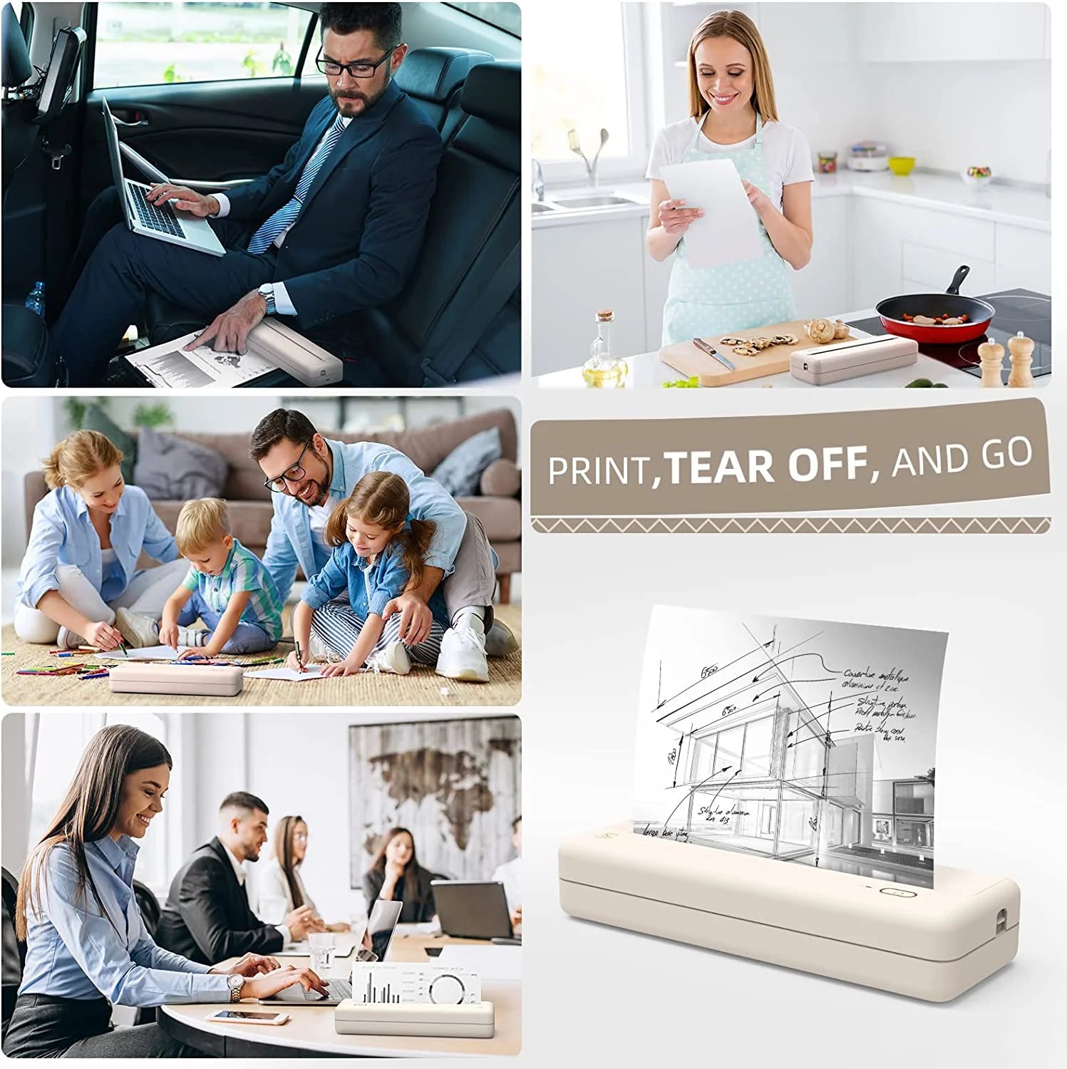 Mixfeer Wireless Printer, Portable Thermal Inkless Printer Compatible with Android Ios Phones & Laptops, Beige
