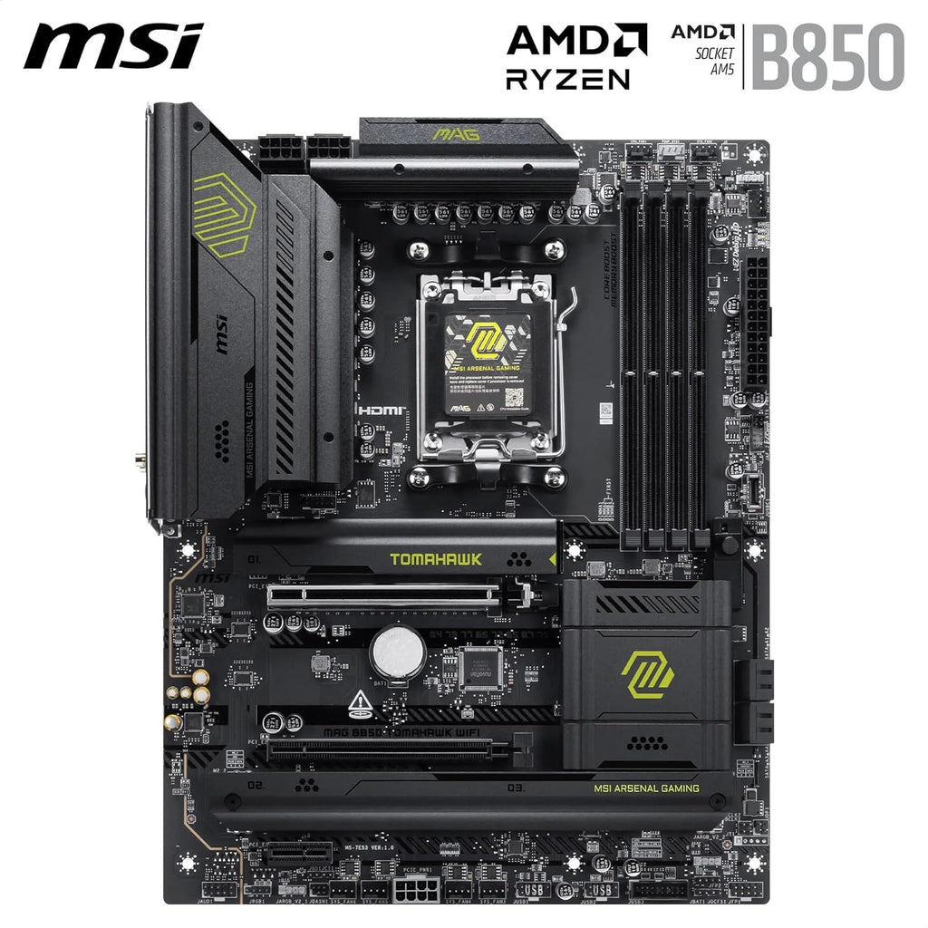MSI MAG B850 Tomahawk Wifi Motherboard, ATX - Supports AMD Ryzen 9000/8000 / 7000 Processors, AM5-80A SPS VRM, DDR5 Memory Boost 8200+ Mt/S (OC), Pcie 5.0 X16, M.2 Gen5, Wi-Fi 7, 5G LAN