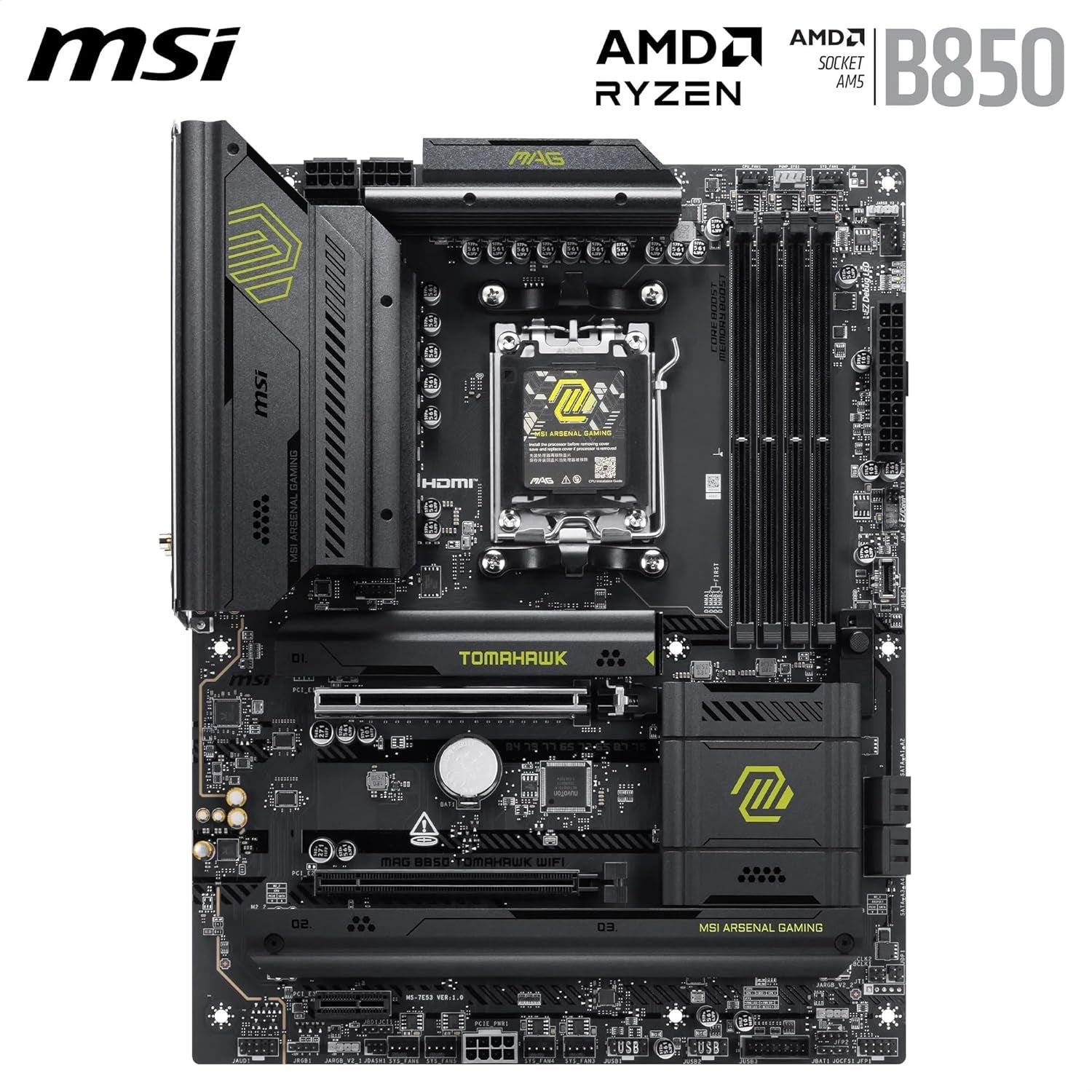 MSI MAG B850 Tomahawk Wifi Motherboard, ATX - Supports AMD Ryzen 9000/8000 / 7000 Processors, AM5-80A SPS VRM, DDR5 Memory Boost 8200+ Mt/S (OC), Pcie 5.0 X16, M.2 Gen5, Wi-Fi 7, 5G LAN