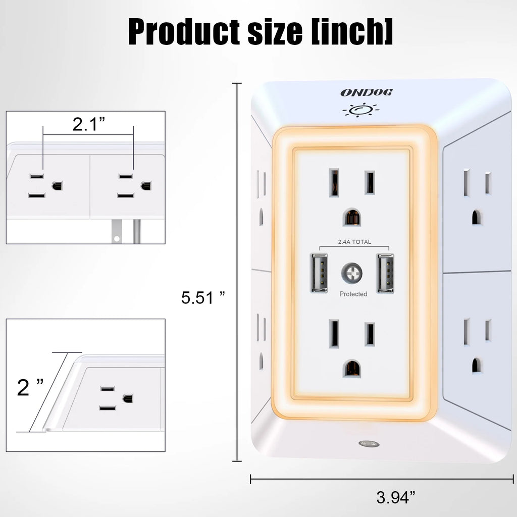 ONDOG 3 Sided Outlet Extender 6 Outlets with 2 USB Ports, Multi Plug Outlet Splitter for Home, Office