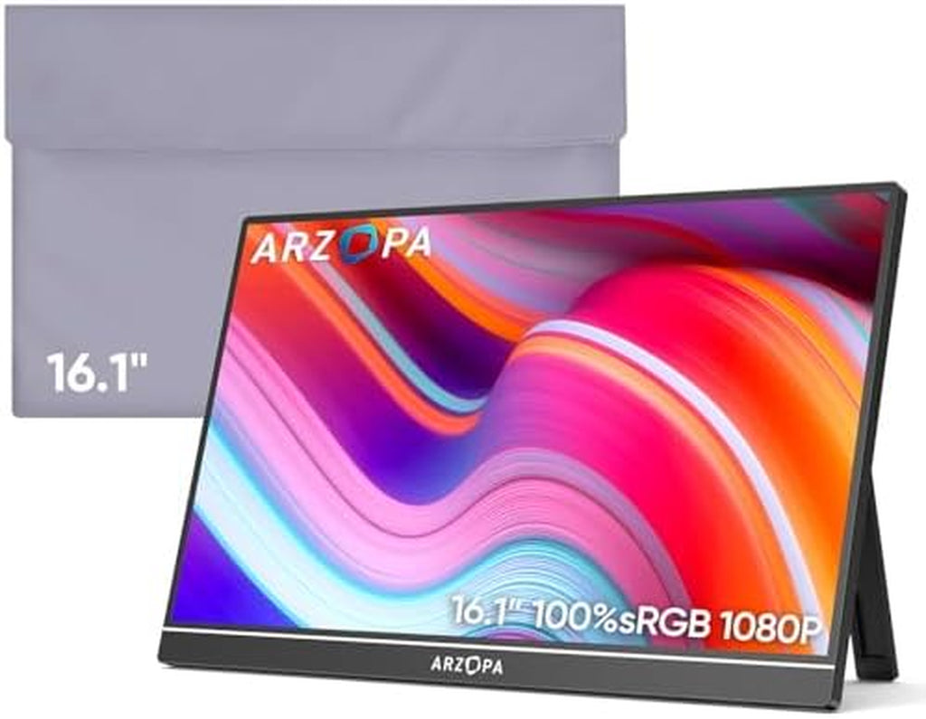 Portable Monitor & Sleeve, 16.1'' 100% Srgb FHD Laptop Monitor & PU Sleeve Bag Combination