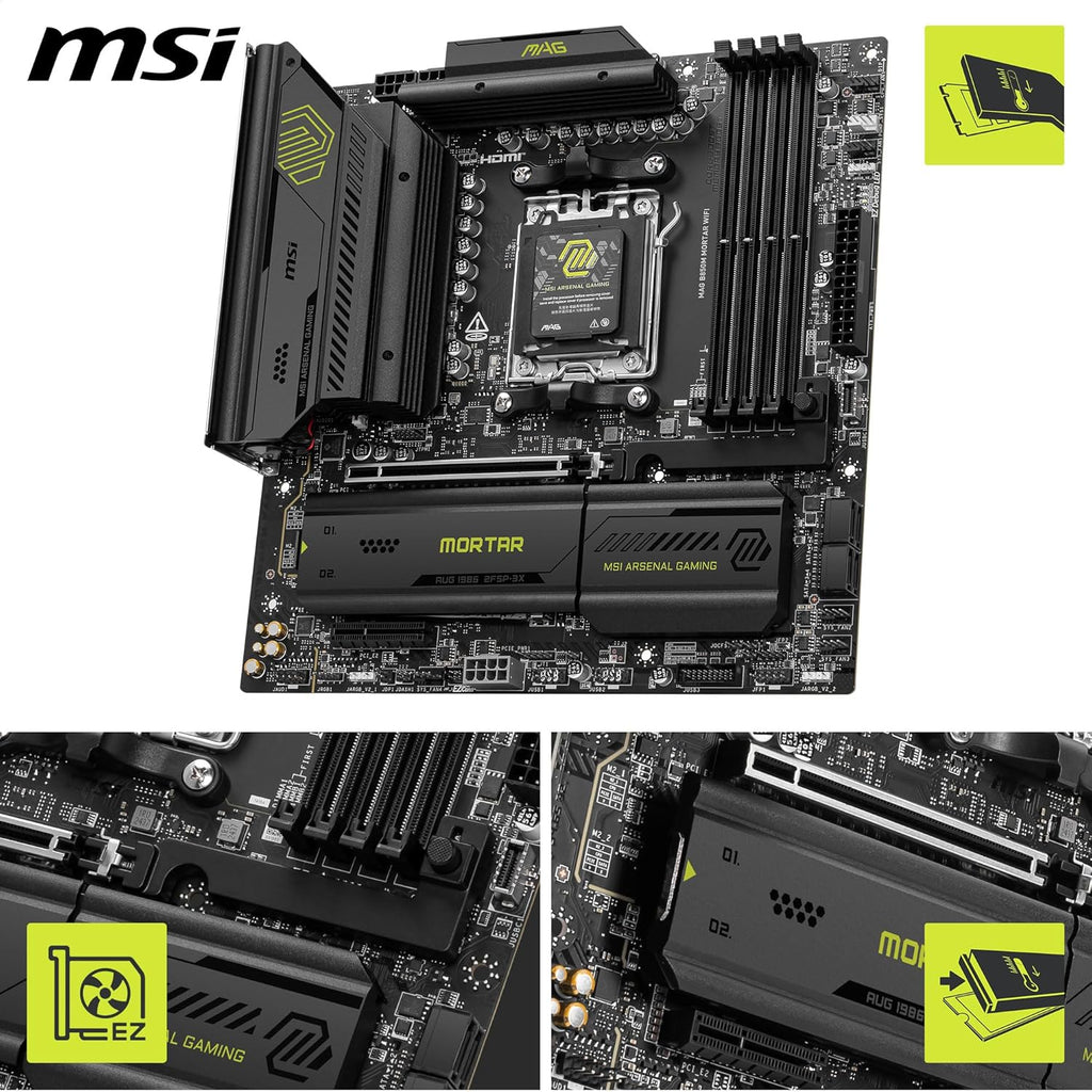 MSI MAG B850M Mortar Wifi Motherboard, Matx - Supports AMD Ryzen 9000/8000 / 7000 Processors, AM5-60A SPS VRM, DDR5 Memory Boost 8200+ Mt/S (OC), Pcie 5.0 X16, M.2 Gen5, Wi-Fi 7, 5G LAN