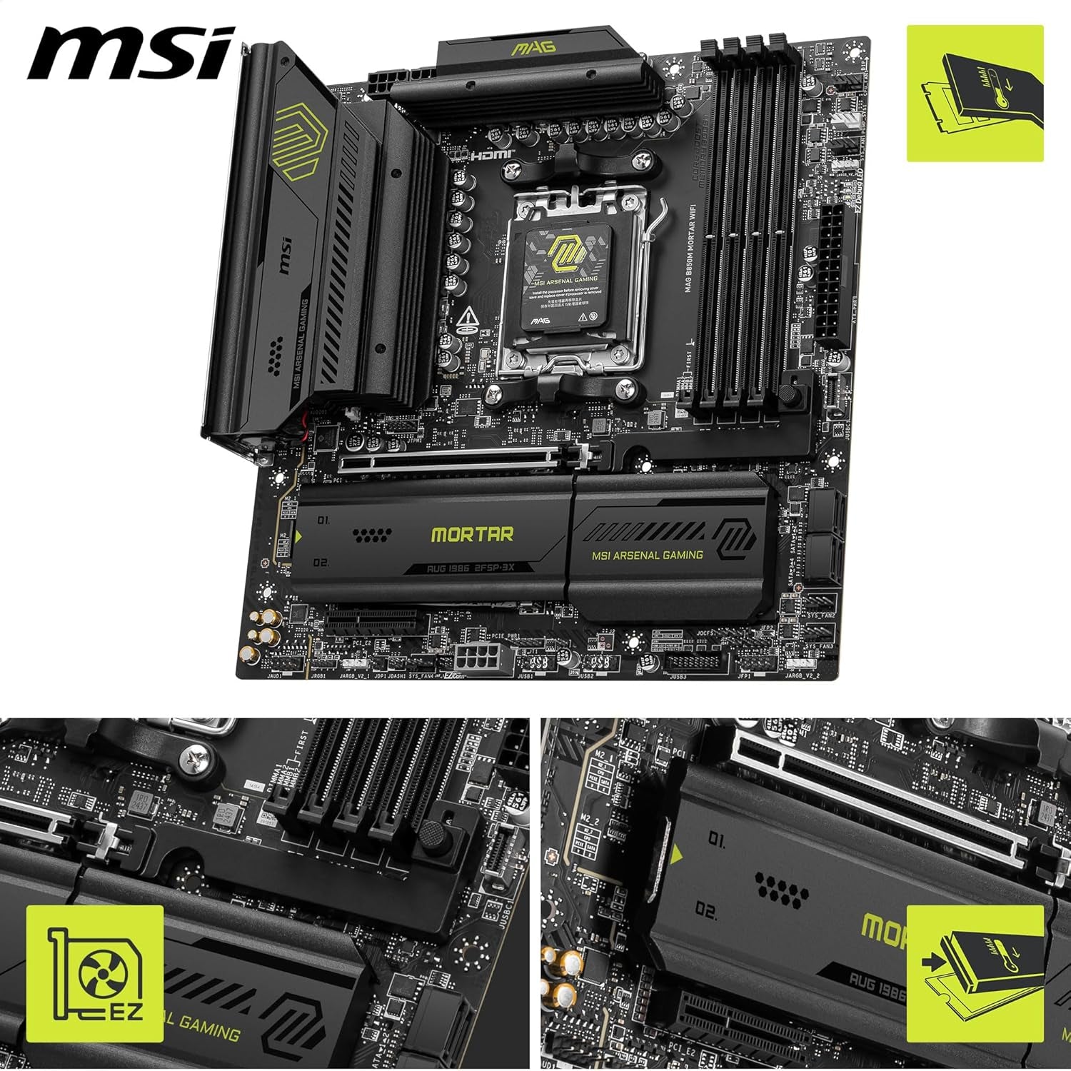 MSI MAG B850M Mortar Wifi Motherboard, Matx - Supports AMD Ryzen 9000/8000 / 7000 Processors, AM5-60A SPS VRM, DDR5 Memory Boost 8200+ Mt/S (OC), Pcie 5.0 X16, M.2 Gen5, Wi-Fi 7, 5G LAN